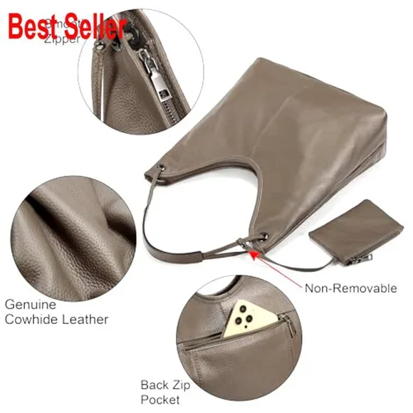 Genuine Cowhide Leather Hobo Handbag with Coin Pouch